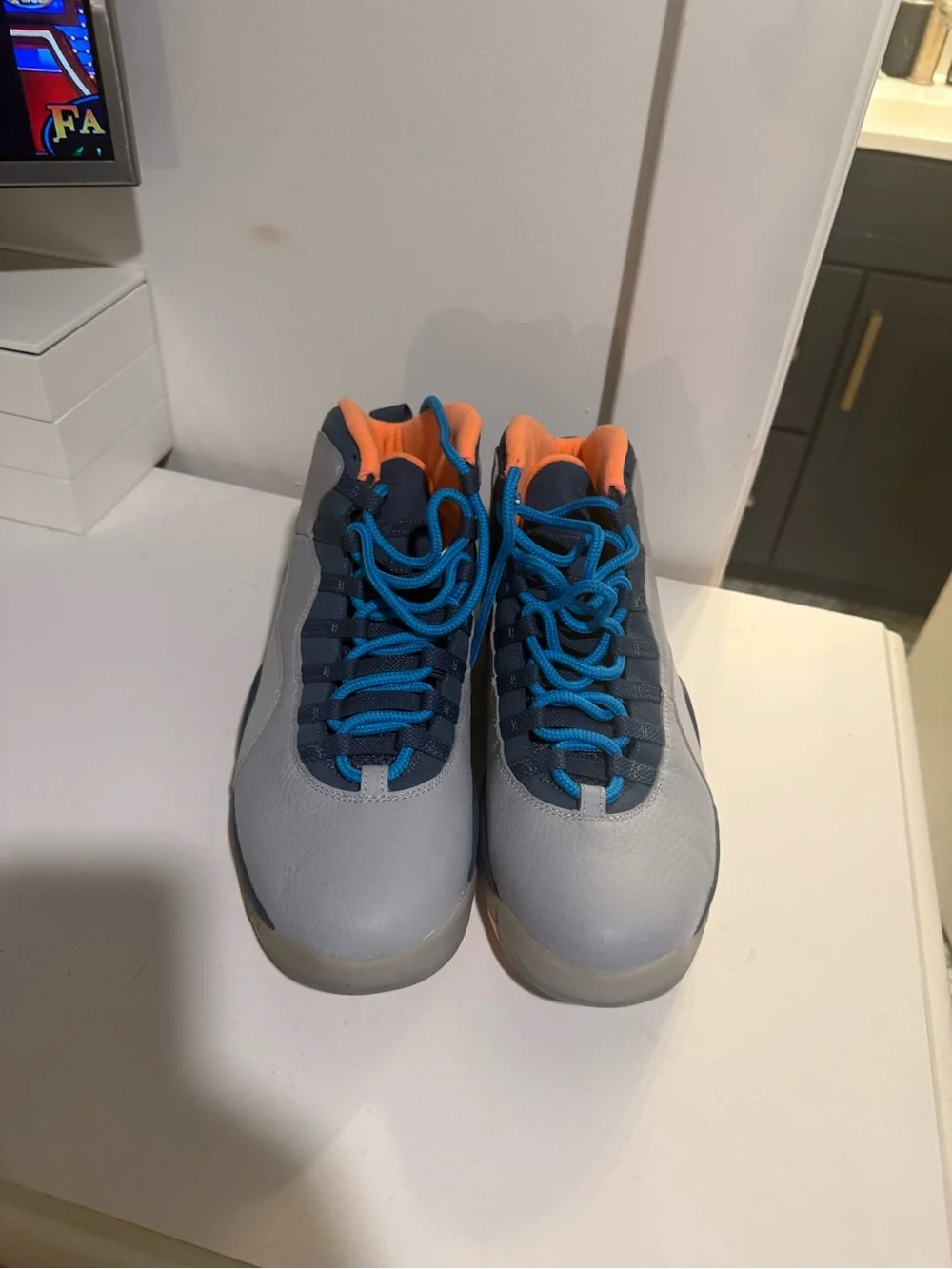 Jordan Men's Gray Sneakers with Blue Laces and Orange Collar